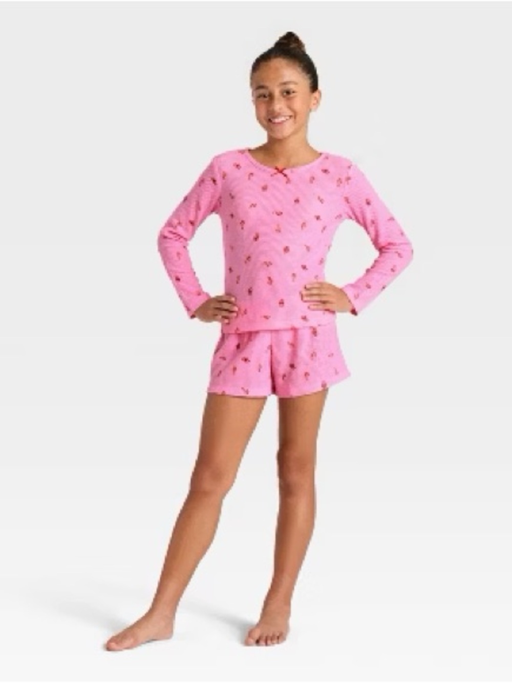 Girls' Pink Short Pajama Set - waffle knit